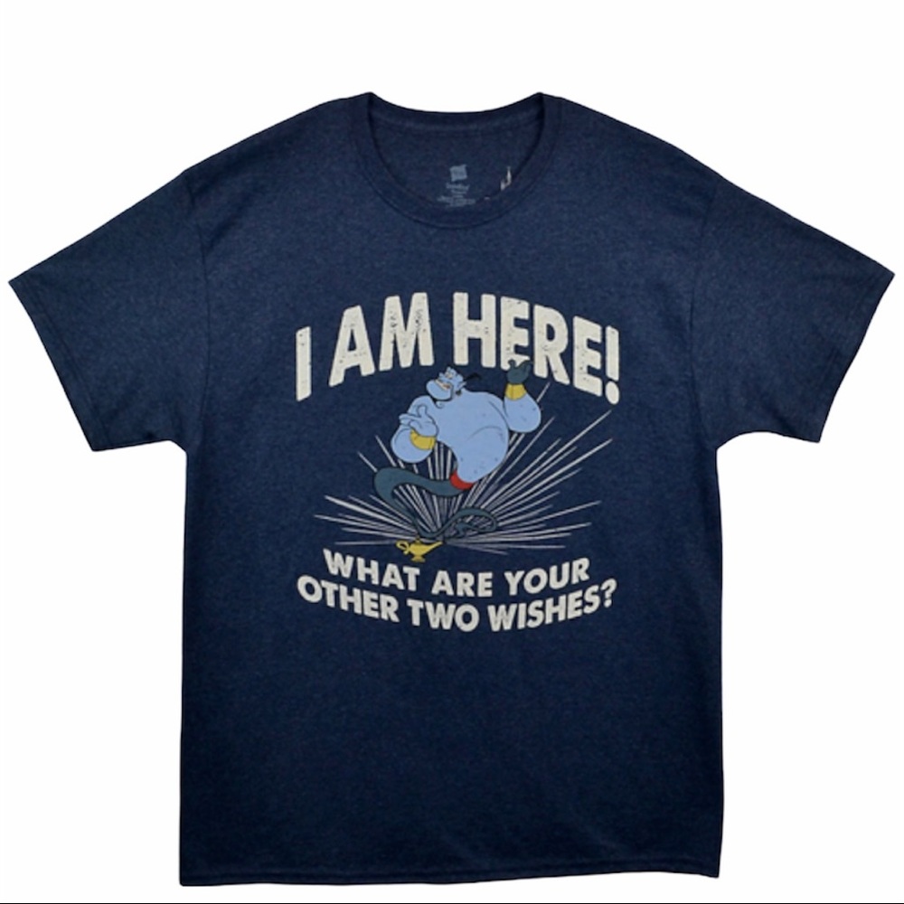 Disney Parks Aladdin Genie Two Wishes T Shirt Mens S Blue White Retro Funny